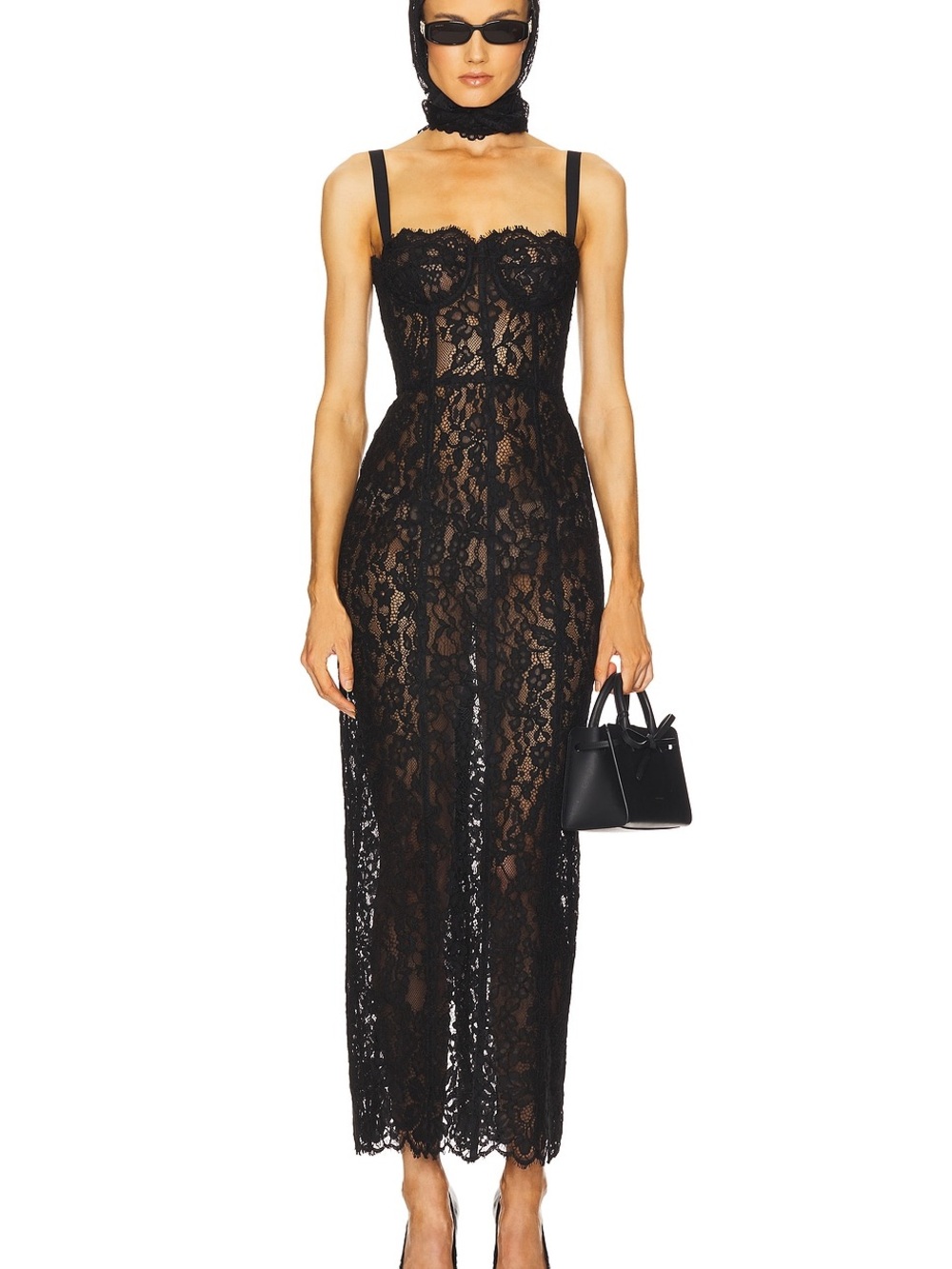 Helsa Black Lace Midi Dress with Sheer Bodice In Sz M